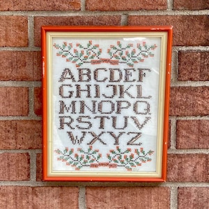 Frame Alphabet Sampler Cross-stitched art, Vintage ABC art