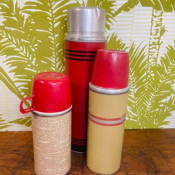 Trio of Vintage Thermoses, Red Camp Decor for Cabin