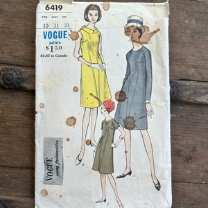 Original 1960&#39;s Vogue Dress Pattern, Vintage Dress Pattern Vogue 6419