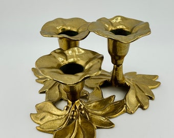 Vintage Triple Brass Candelabra, Triple Brass Floral Candlestick