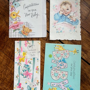 Lot of 4 'New Baby' Congratulation Greeting Cards, Vintage Greeting Cards, Not Gender Specific, Pinks and Blues