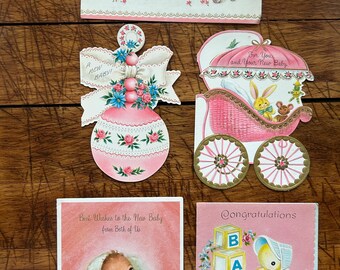 Vintage roze babywenskaarten uit de jaren 60, veel van 5