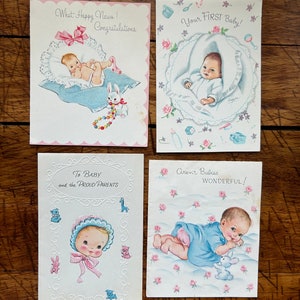 Lot de 4 cartes de félicitations « Nouveau bébé », vintage, sans sexe