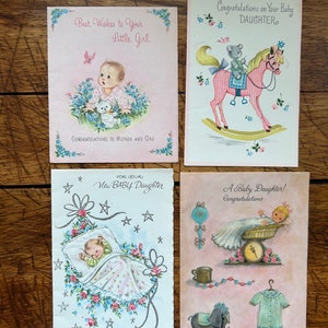 Lot de 4 cartes de voeux « C'est une fille », cartes de voeux vintage, nouvelles cartes de fille, lot de 2