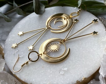 Celestial Sun, Moon, & Stars gold plated brass witchy boho earrings