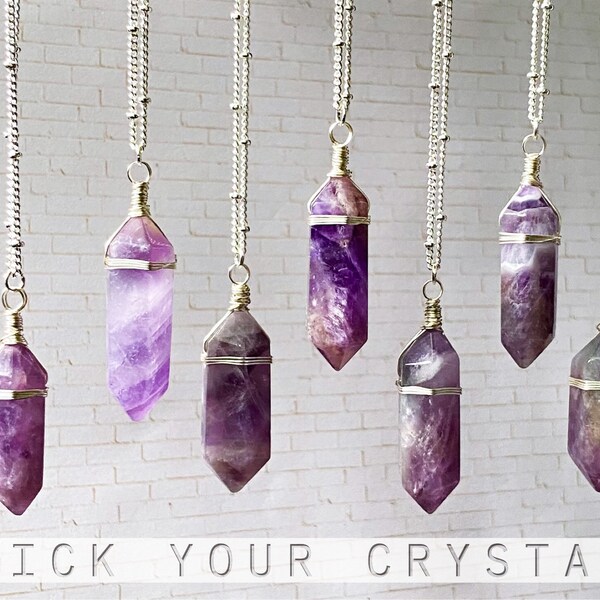 Amethyst Silver Crystal Point Necklace, wire wrapped jewelry, natural raw crystal, boho witchy Pick Your Crystal