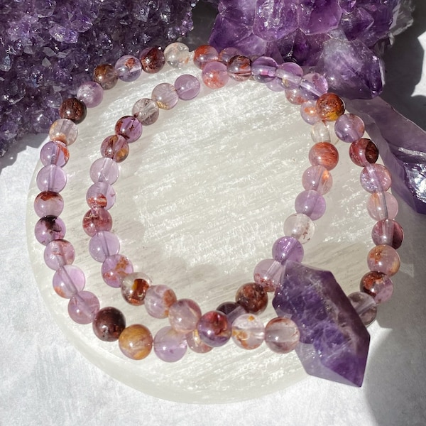 Super 7 + Amethyst crystal point beaded gemstone February birthstone bracelet