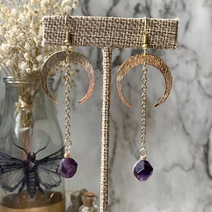 Crescent Moon + Amethyst dangle earrings - celestial witchy crystal jewelry