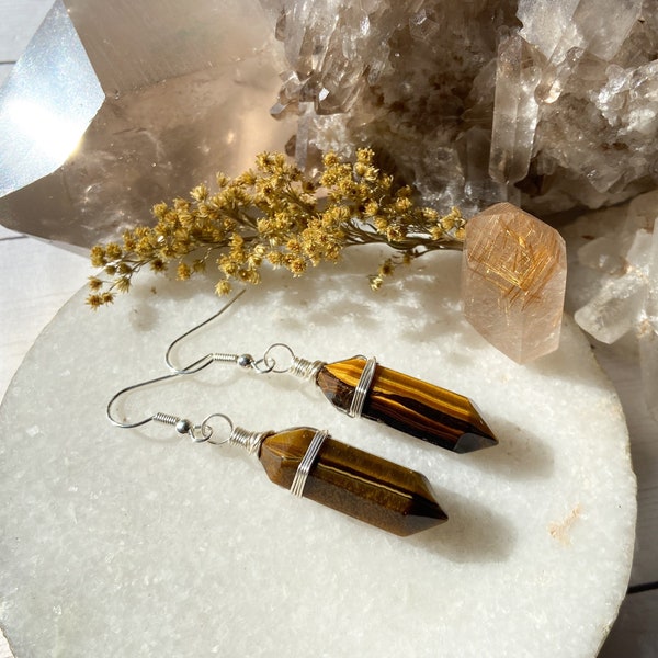 Tiger’s Eye wire wrapped double terminated silver crystal point earrings