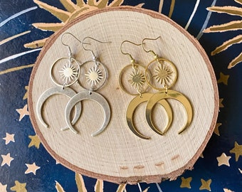 Celestial Sun and Moon earrings - crescent moon phase,boho witchy, gold brass or antique silver jewelry