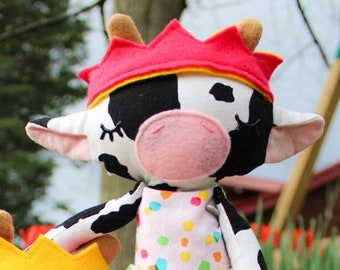 Birthday Fabric Cow Print Doll with Pink Crown and Birthday Rainbow Ombre Dress