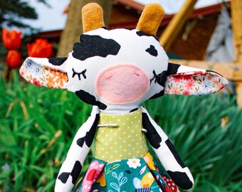 Soft Fabric Holstein Cow Print Doll with Floral Skirt