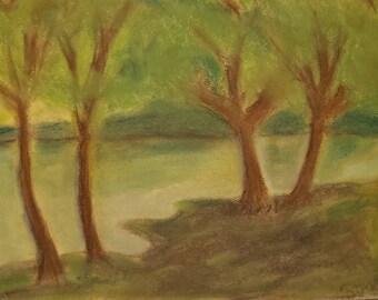 Original Pastel Painting Lake View Signed Artwork