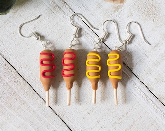 Corndog Earrings // Carnival Earrings // Miniature Earrings // Clay Hot Dogs