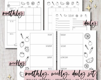 Journal Printable Planner Set - Monthly, Weekly, Daily | Fruits | Undated Template | Letter & A5 Size PDF | Instant Download