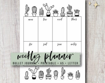 Journal Weekly Planner Insert - Cactus | Printable PDF Template | One Page Spread | Undated Template | Instant Download | Letter & A5