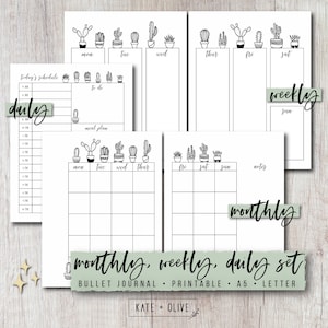 Conjunto de planificador imprimible de diario - Mensual, semanal, diario / Cactus / Plantilla sin fecha / Carta y tamaño A5 PDF / Descarga instantánea
