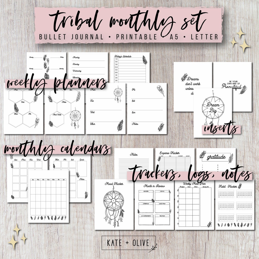 Journal Printable Planner Inserts Set Tribal Undated Template Customizable Instant Download PDF ...