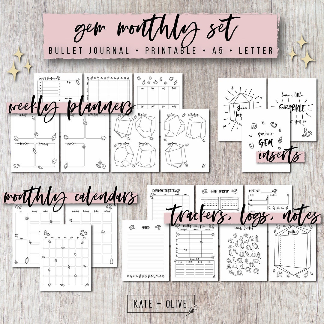 Journal Printable Planner Inserts Set Gems Undated Template Customizable Instant Download PDF ...