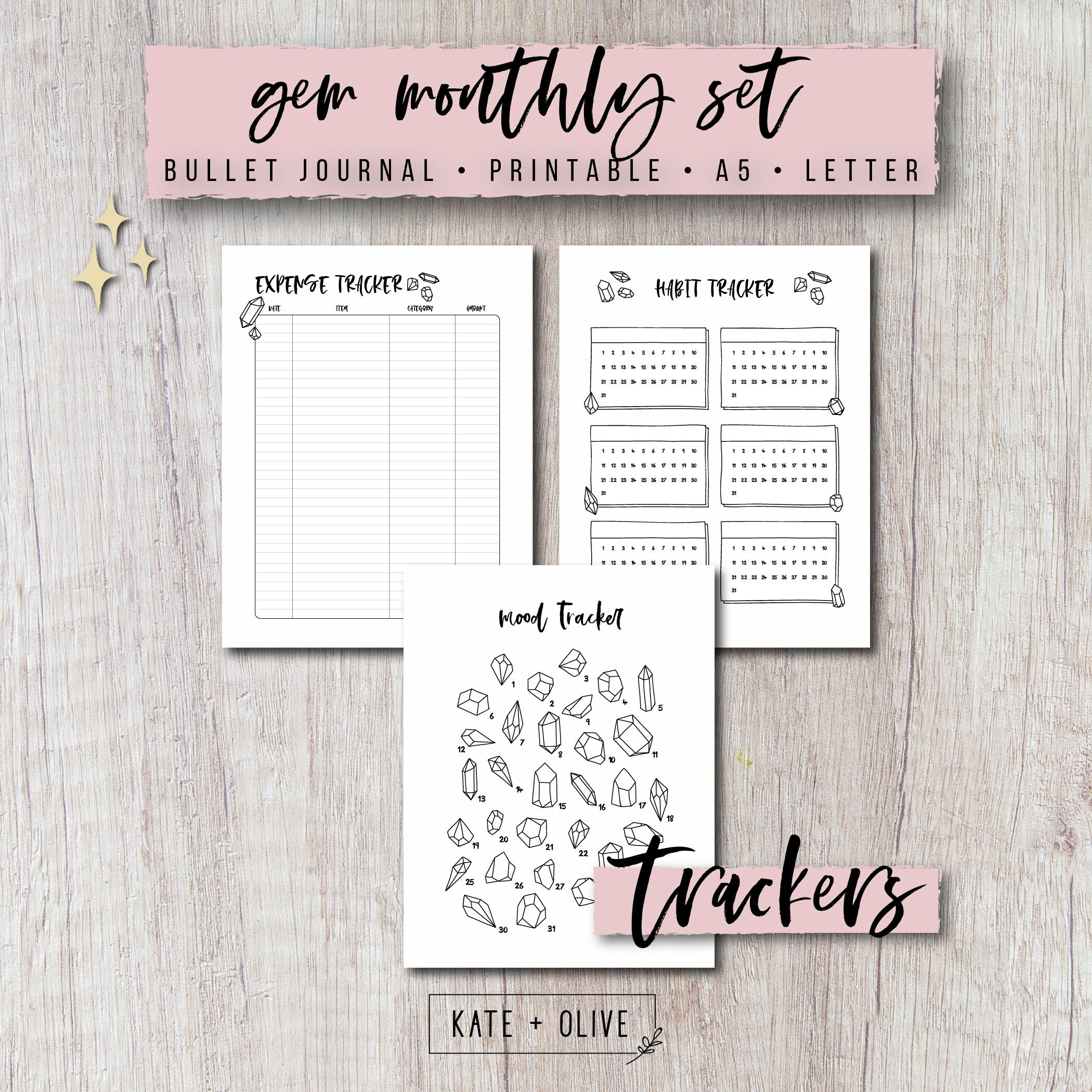 Journal Printable Planner Inserts Set Gems Undated Template Customizable Instant Download PDF ...