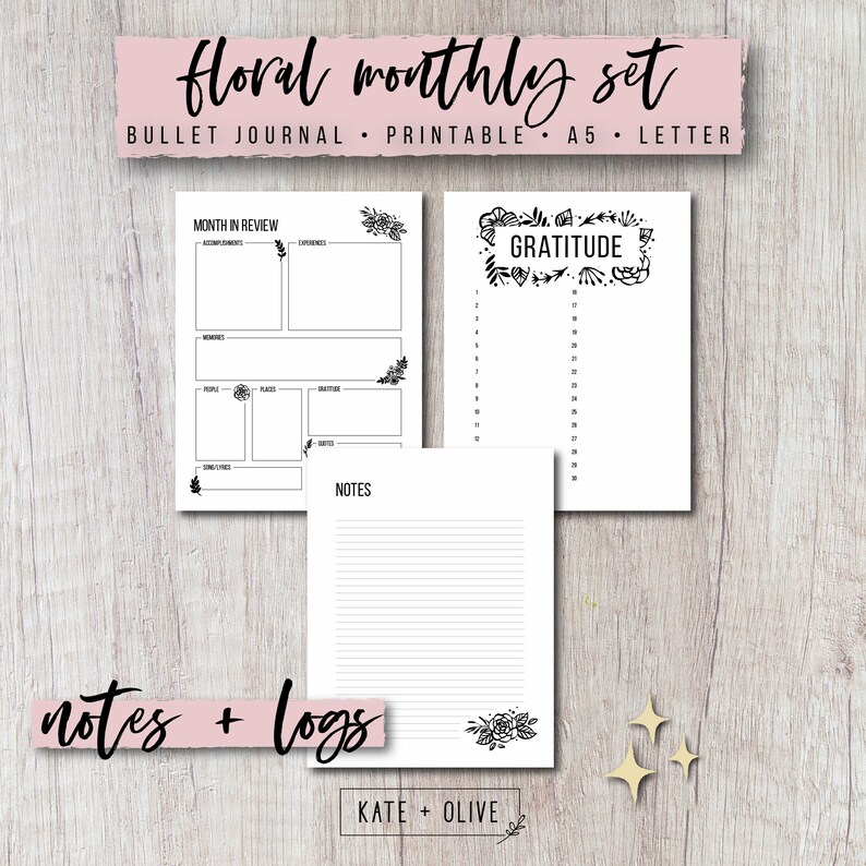 Journal Printable Planner Inserts Set Floral Undated Template Customizable Instant Download PDF ...