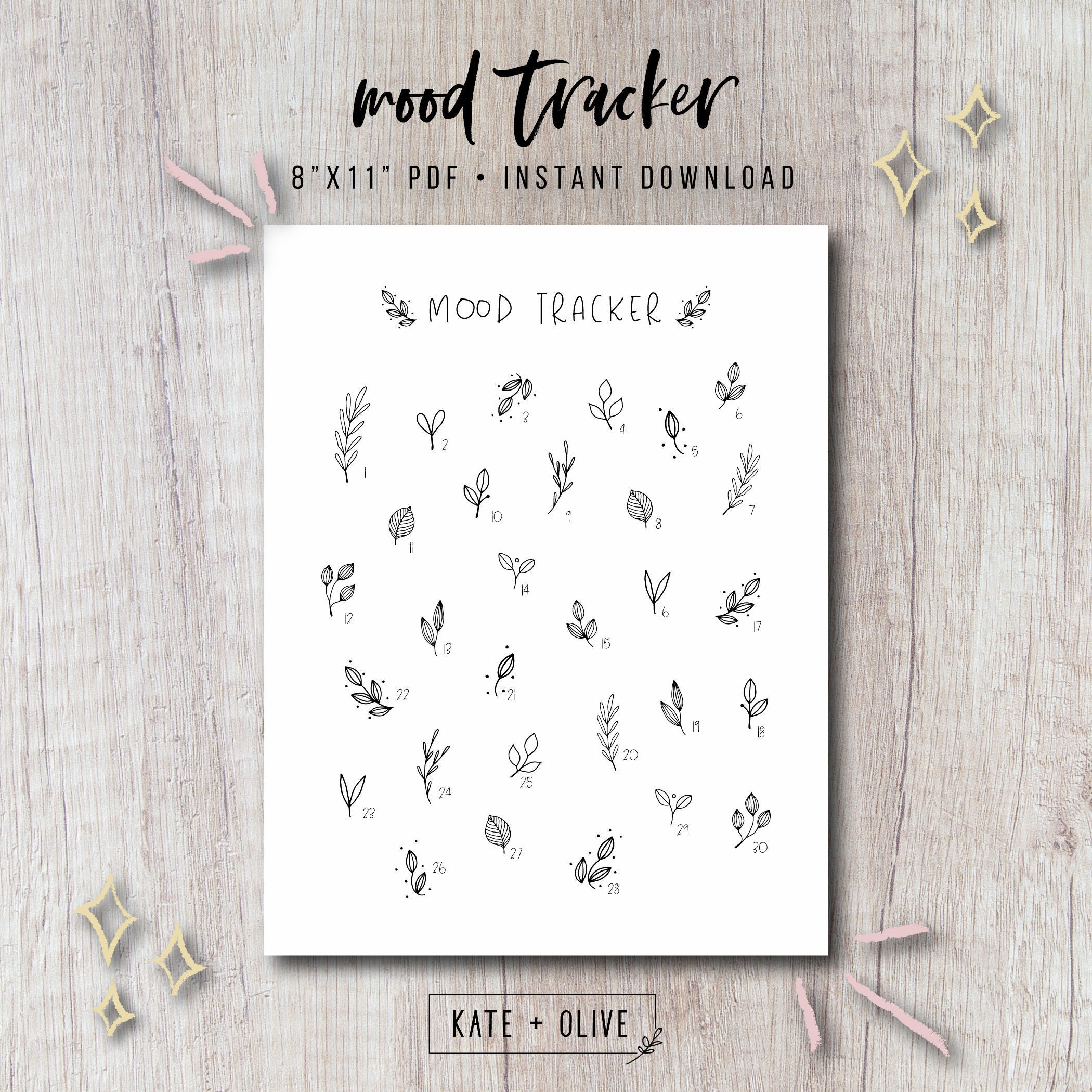 Mood Tracker Printable Insert for Journal & Planner Greenery Leaves ...
