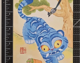 Minhwa korean derpy tiger and sussy magpie painting postcard for walls cute postcard for journaling