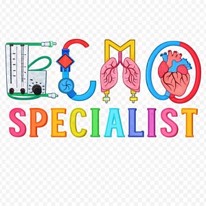 May include: Colorful illustration featuring the letters ECMO, with medical equipment and anatomical diagrams of lungs and a heart. The word SPECIALIST is written below in rainbow colors. The design is likely for medical professionals.