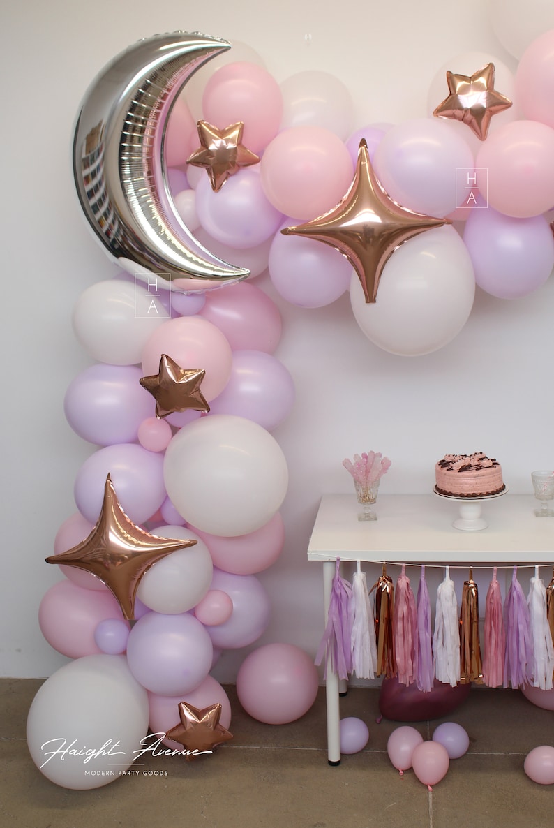 Purple Moon and Star Balloon Garland Kit Perfect for Over the Moon /& Twinkle Twinkle Little Star themed celebrations! Pink and Rose Gold
