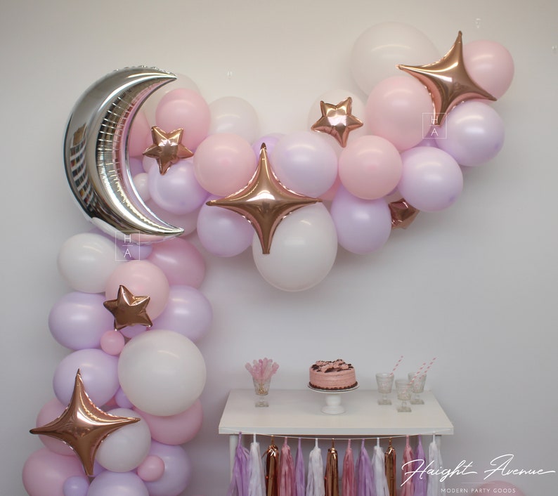 Purple Moon and Star Balloon Garland Kit Perfect for Over the Moon /& Twinkle Twinkle Little Star themed celebrations! Pink and Rose Gold