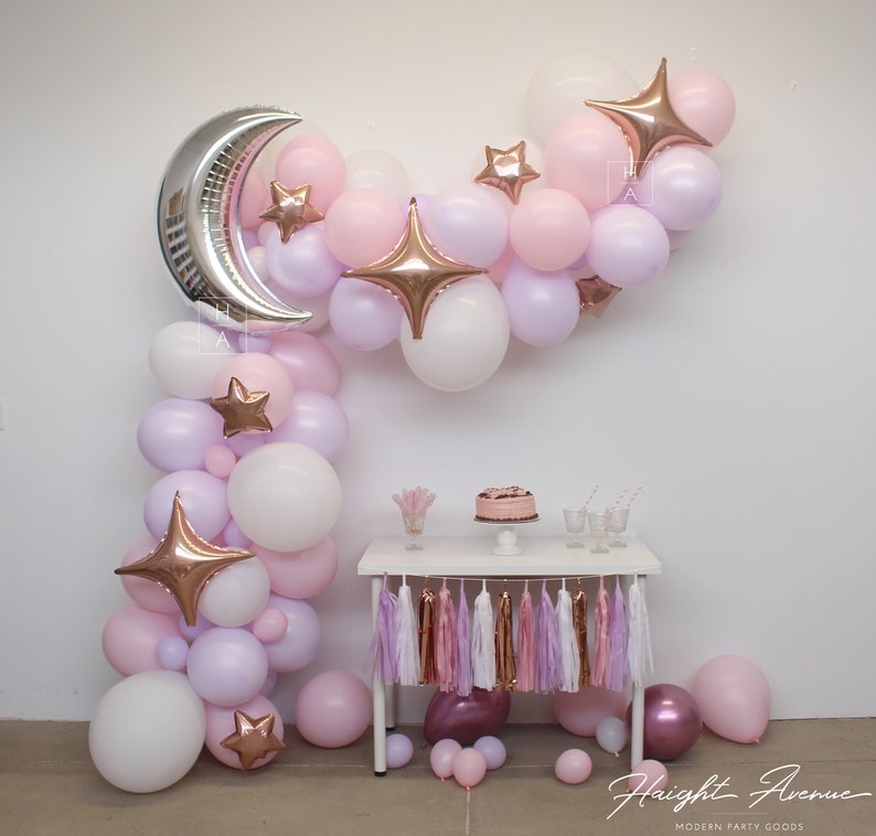 Purple Moon and Star Balloon Garland Kit Perfect for Over the Moon /& Twinkle Twinkle Little Star themed celebrations! Pink and Rose Gold