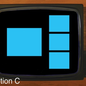 May include: An old television set with a black screen displaying a series of blue rectangles. The text "Option C" is visible at the bottom of the screen. The TV has a wooden frame and a control panel on the right side.