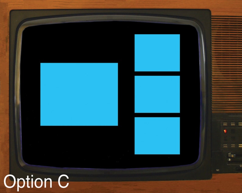 May include: An old television set with a black screen displaying a series of blue rectangles. The text "Option C" is visible at the bottom of the screen. The TV has a wooden frame and a control panel on the right side.
