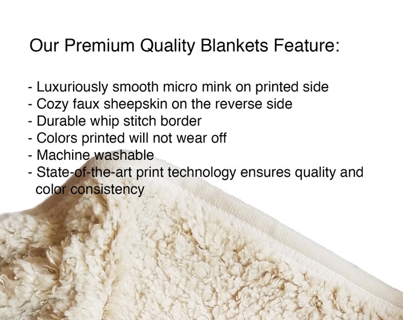 May include: A close-up of a blanket with a white, textured faux sheepskin reverse side and a smooth printed side. The text reads "Our Premium Quality Blankets Feature:" and lists features like machine washability and durable whip stitch border.