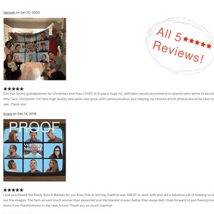 May include: Image featuring a custom blanket with the text "The Daltorio Bunch" and a group of people. Also shown is a "PROOF" image with faces and text "We're Maafi". A red stamp reads "All 5 Reviews!"