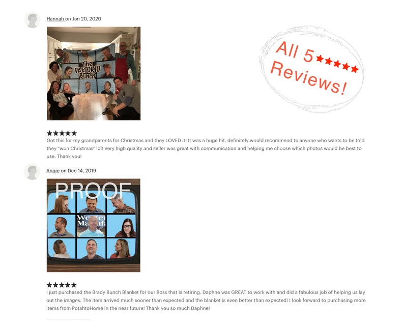 May include: Image featuring a custom blanket with the text "The Daltorio Bunch" and a group of people. Also shown is a "PROOF" image with faces and text "We're Maafi". A red stamp reads "All 5 Reviews!"