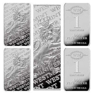 May include: A silver bullion bar featuring a lion design and the text "Westminster Mint" repeated multiple times. The bar is marked "1 Troy Ounce .999 Fine Silver Made in the U.S.A."