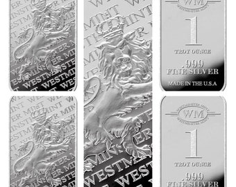 May include: A silver bullion bar with a lion design and the text "Westminster Mint" repeated multiple times. The bar is marked "1 Troy Ounce .999 Fine Silver Made in the U.S.A."