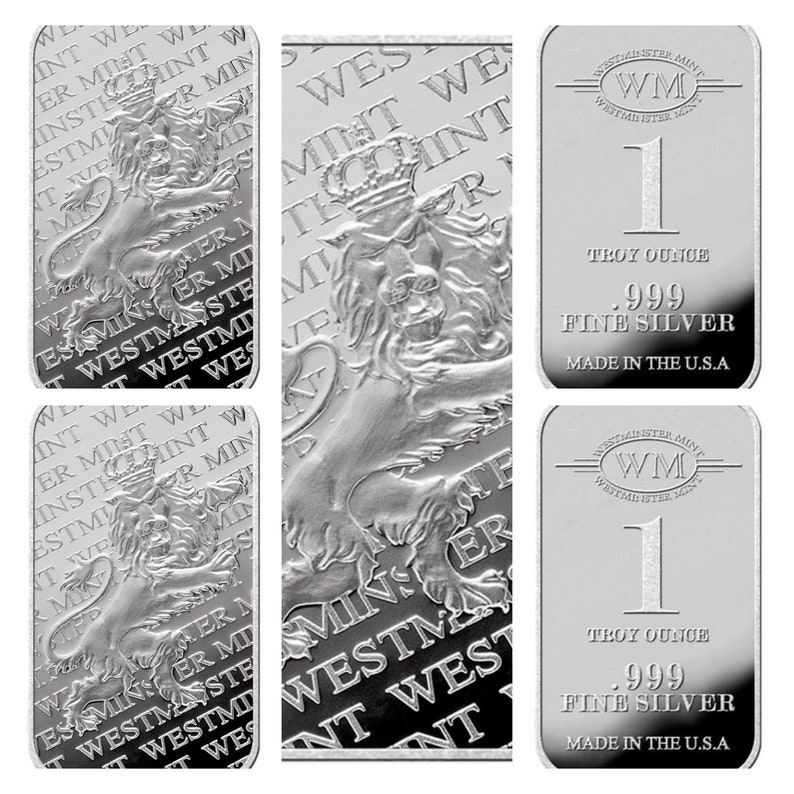 May include: A silver bullion bar featuring a lion design and the text "Westminster Mint" repeated multiple times. The bar is marked "1 Troy Ounce .999 Fine Silver Made in the U.S.A."