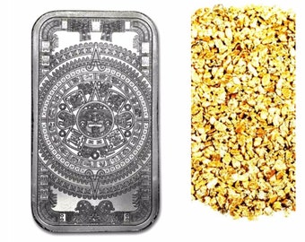 1 troy ounce .999 fine silver bullion aztec calender bar bu + 10 piece alaskan yukon bc pure gold nuggets