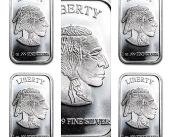 LOT 5 X 1 troy ounce .999 fine silver bullion BUFFALO BARS bu