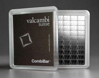 May include: A Valcambi Suisse CombiBar silver bullion bar set encased in a clear plastic protective holder. The black insert features the text valcambi suisse, the website www.valcambi.com, and the CombiBar trademark logo in white text.