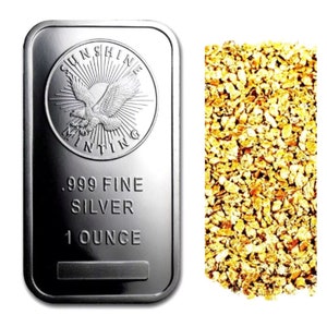 1 troy ounce .999 fine silver bullion SUNSHINE MINT BAR bu + 10 piece alaskan yukon bc pure gold nuggets