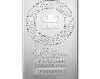 Barra de plata fina de 10 onzas troy de la Royal Canadian Mint, calibre .999, número de serie único