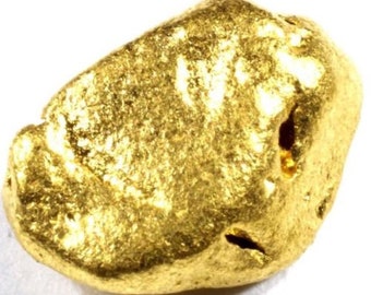 May include: A large, irregularly shaped nugget of gold. The gold has a rough, textured surface and is a bright, shiny yellow color.