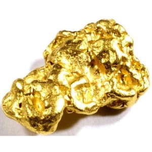 Puede incluir: Una gran pepita de oro en bruto de forma irregular. El oro tiene una superficie rugosa y texturizada y es de un color amarillo brillante y brillante.