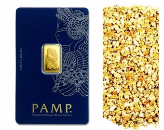May include: A gold bar with a woman's face on it, in a blue card with the words "Swiss Made" and "PAMP Produits Artistiques Metaux Precieux".