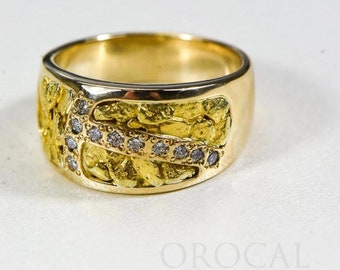 May include: A gold ring with a band of nugget-like gold and a row of small diamonds.