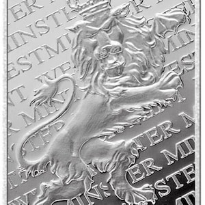 May include: A silver bullion bar featuring a lion and crown design. The bar is inscribed with "Westminster Mint" and "ER" on the front.