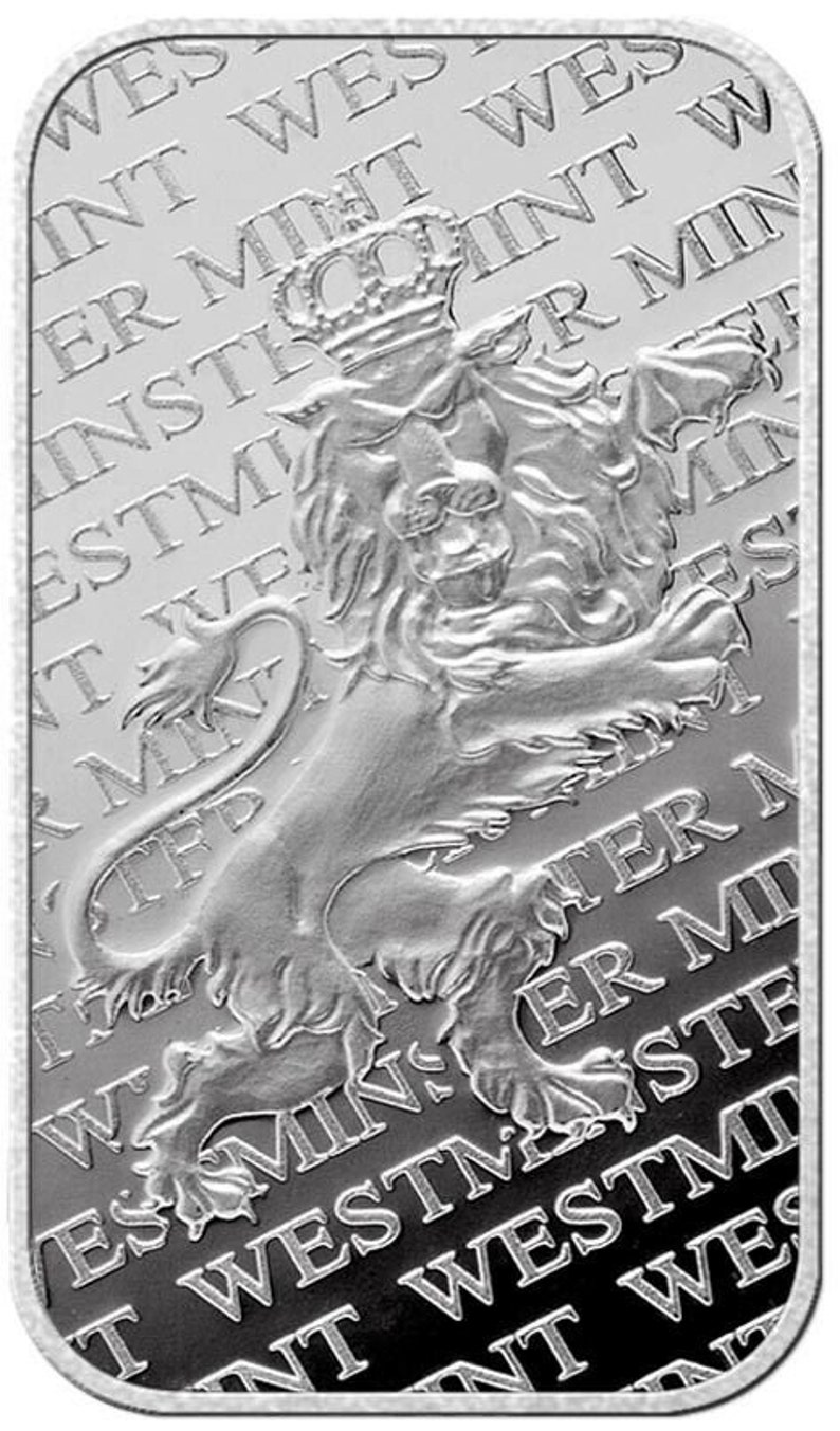 May include: A silver bullion bar featuring a lion and crown design. The bar is inscribed with "Westminster Mint" and "ER" on the front.
